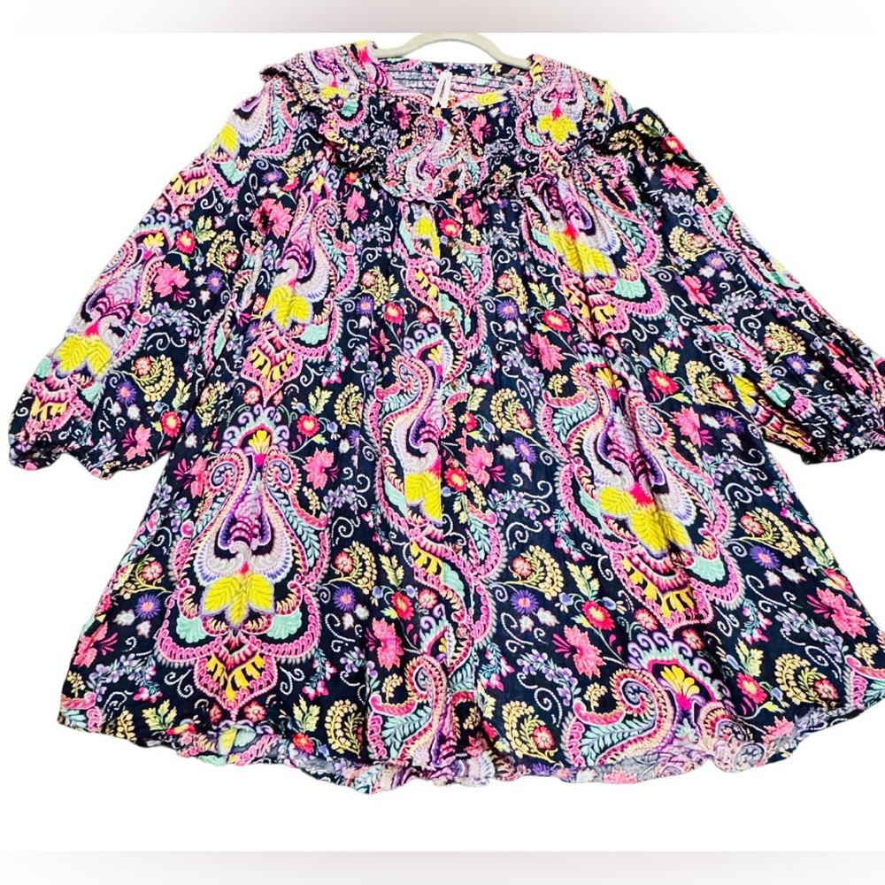 Anthropologie oversized dress S Paisley Tunisian Tunic Colorful Smocked Boho